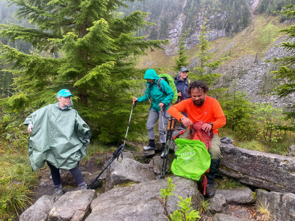 Clothing break just before Granite Lakes so we could all put on rain (sleet, hail) gear. The Girl Scouts motto of 'be prepared' works in the Mountaineers as well.