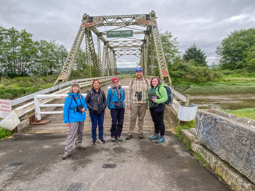 Part of our 8-person group on a Mountaineers birding trip May 13 to Spencer Island where we enjoyed seeing or hearing 45 bird species. This was part of my "rest" strategy, 5.5 miles and flat at a comfortable conversational pace.