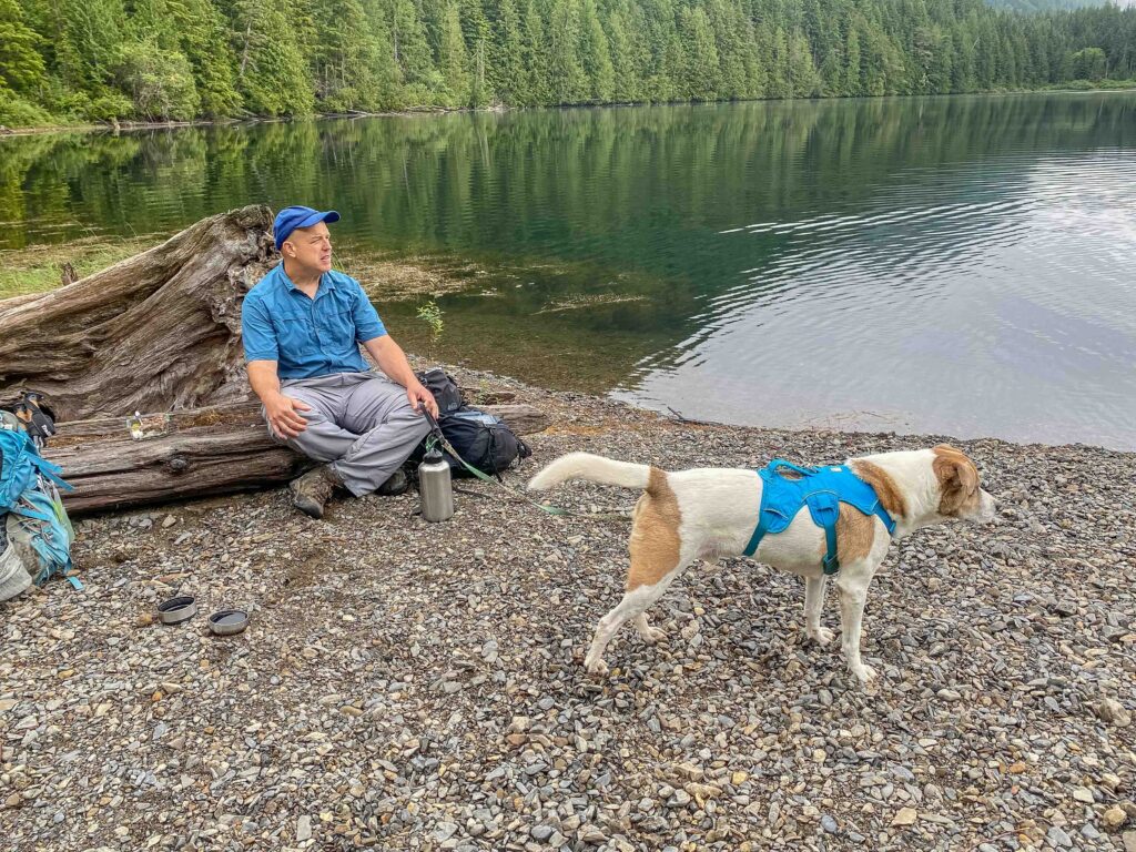 Snacking at Pebble Beach, Wallace Lake, with my favorite canine and my favorite human.