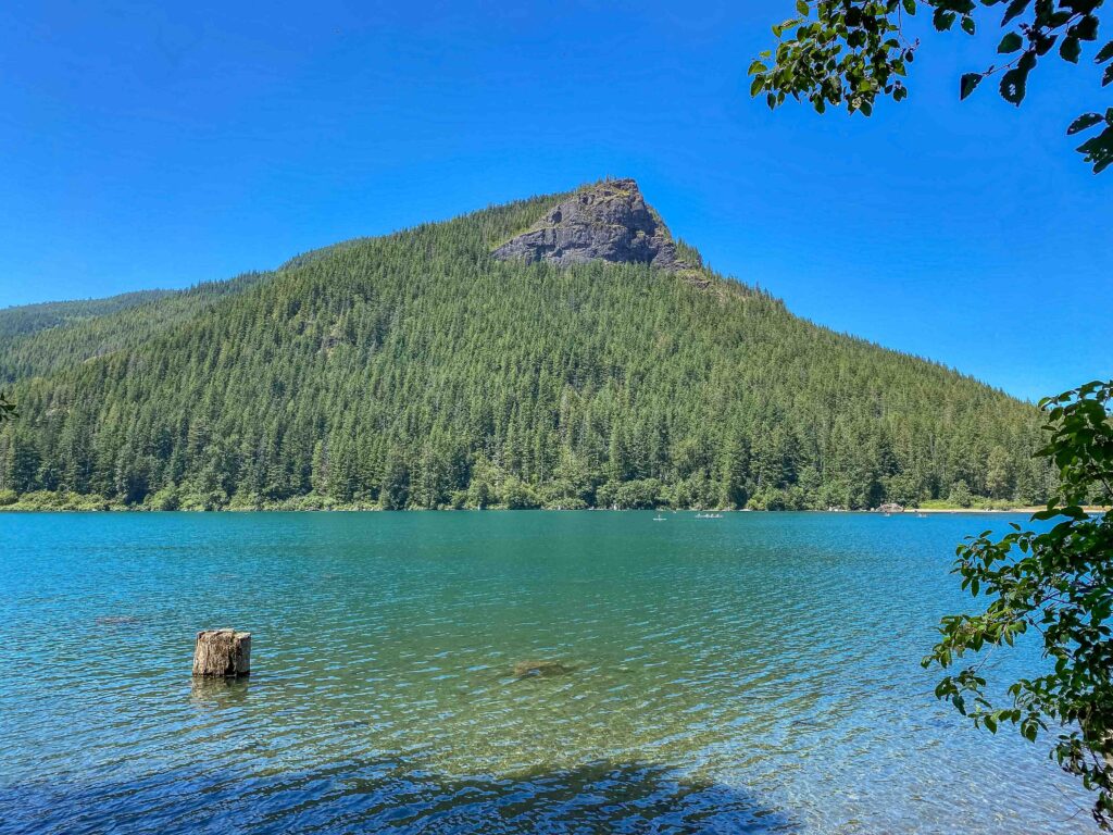 Rattlesnake Ledges as viewed from across Rattlesnake Lake. We made the traverse from NW to SE and added 1.5 miles in the shade to reach our July distance total of 12 miles.