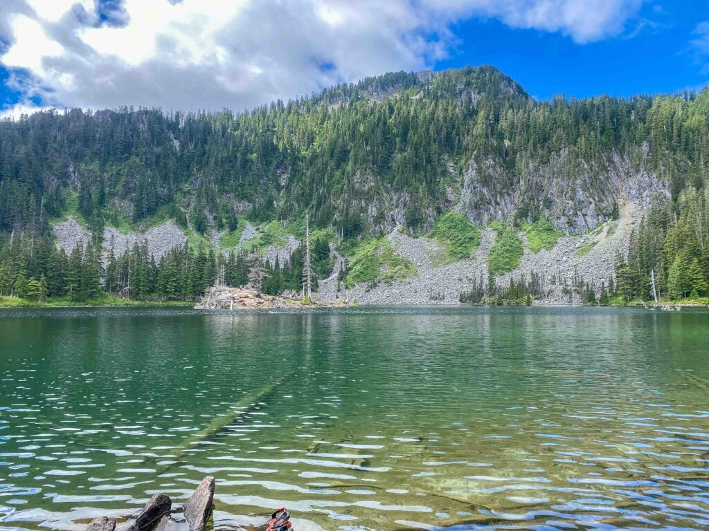 Stunning Thompson Lake on a Saturday morning. Four members of my group of ten chose to wade in the water before we regained the ridge.