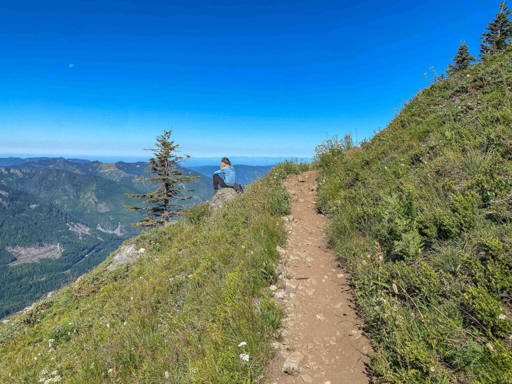 Profile of a hiker on the upper reaches of Defiance, just before the route became a vertical scramble.