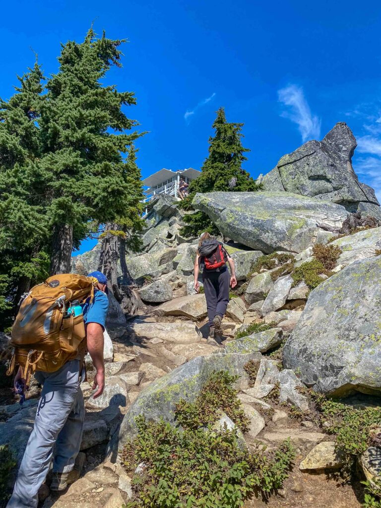 My husband and daughter head up to the Pilchuck lookout tower while I corral Ajax in the shade. The scramble up the boulders and ladder was too much for him.
