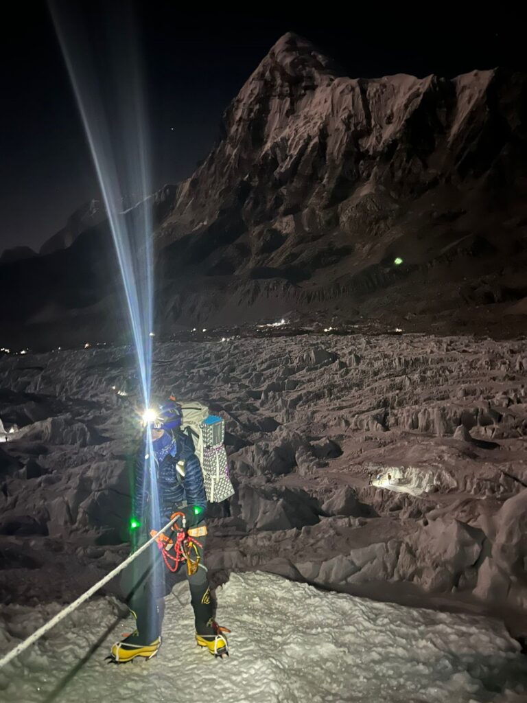 Climbing up from Base Camp through the Khumbu Icefall. Credit Pega Sherpa (2024 climb with Climbing the Seven Summits.)