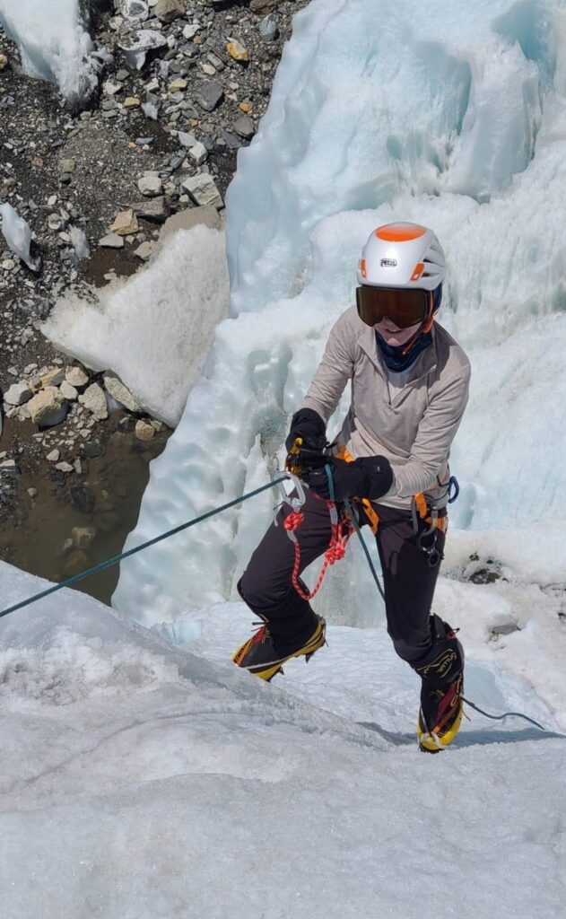 Susan getting ice climbing training – credit Madison Mountaineering