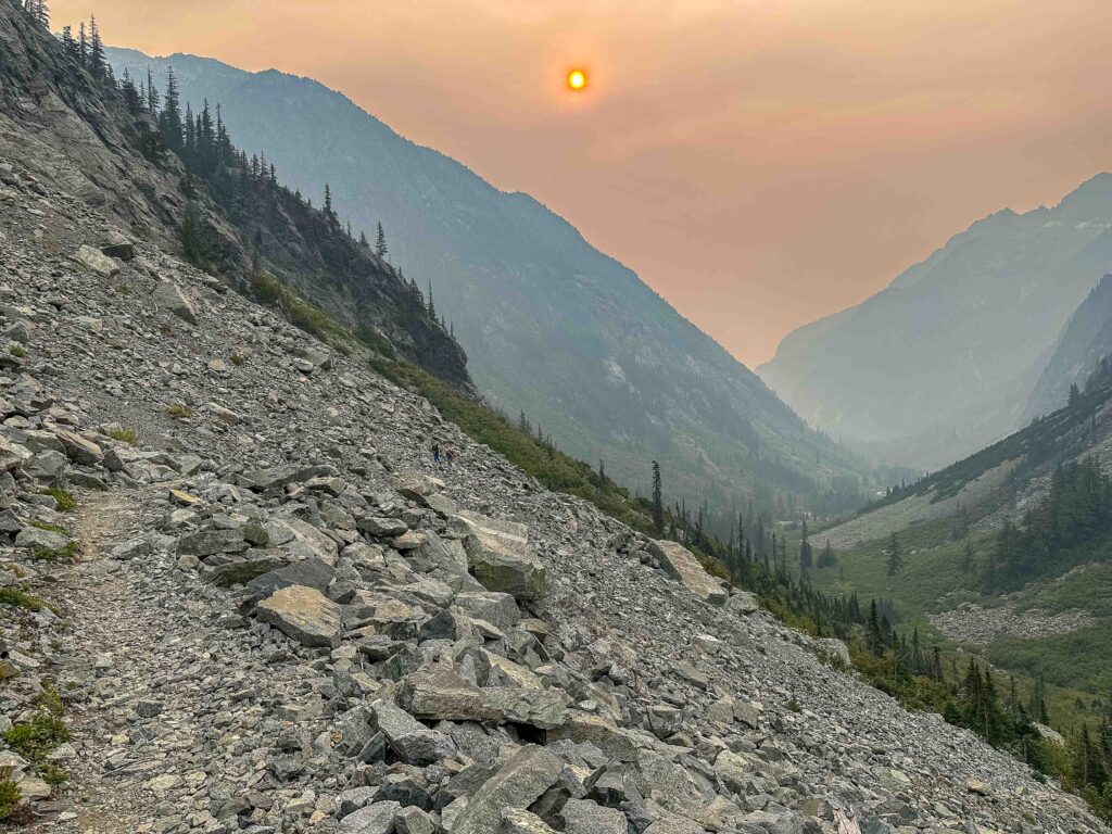 Day 2: hazy sunrise in diminishing air quality. This is the same basin we hiked into (below).