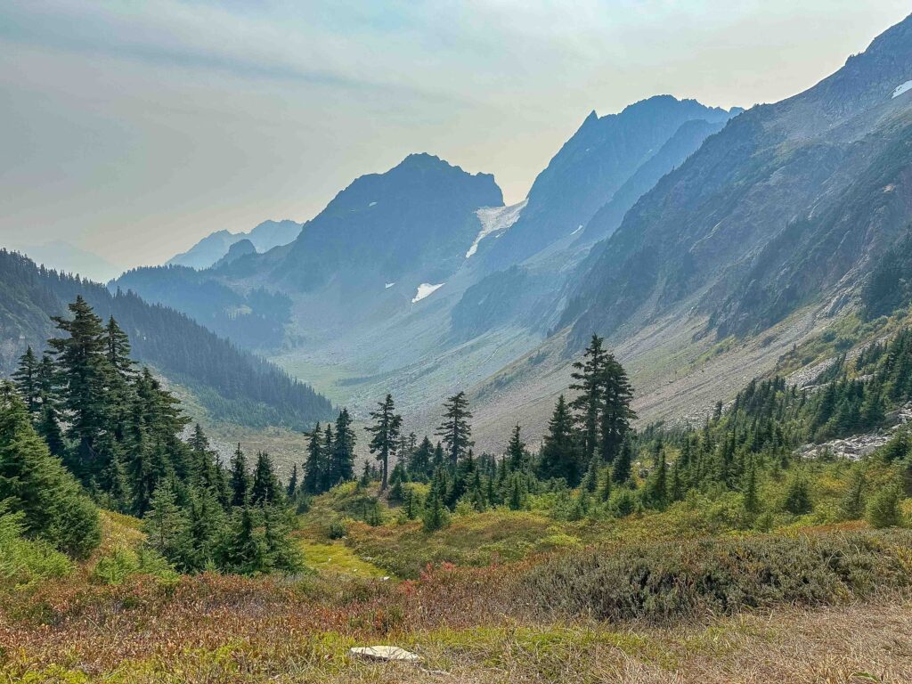 The view east from Cascade Pass, looking toward Pelton Campground (in the woods sloping downward in the left of the photo). Sun-drenched bushes were bursting with blue- and huckleberries.