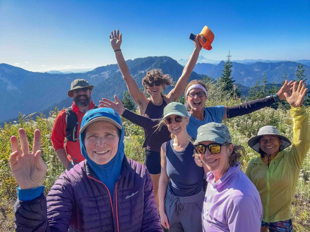 Happy hikers braving smoke, high winds, and 5000' of elevation gain for wonderful views and community.
