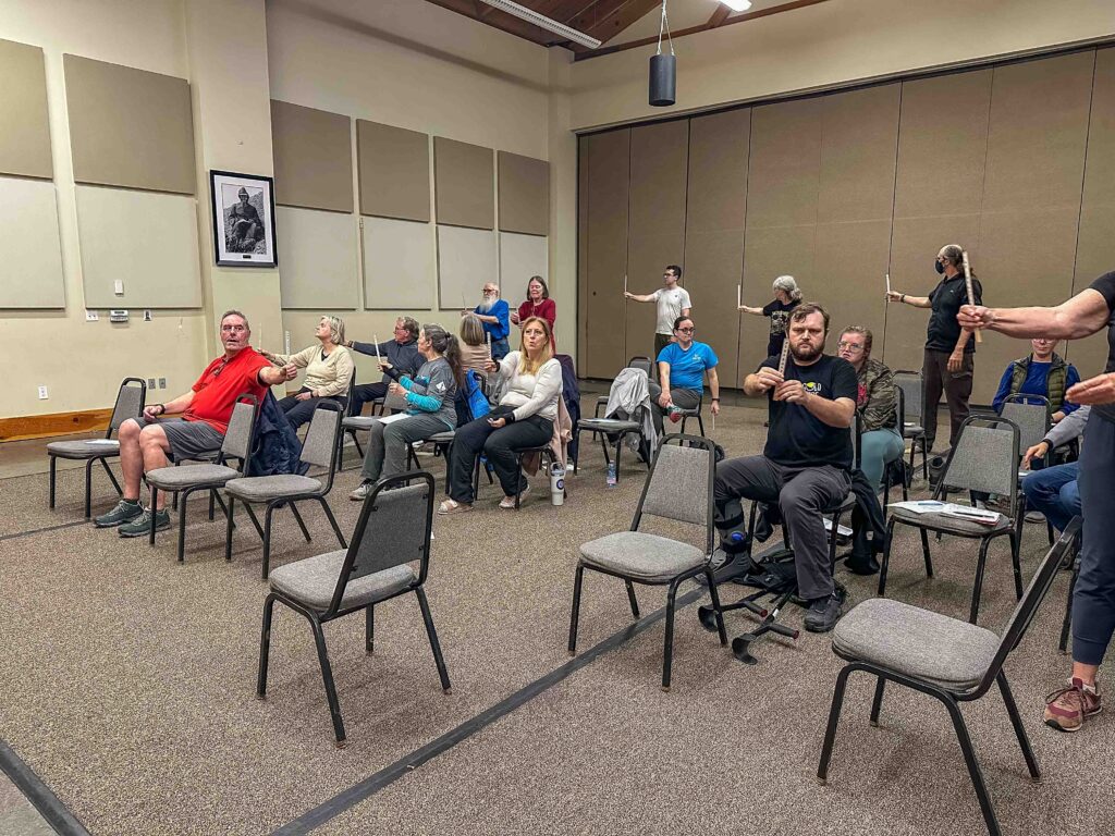 Vision stick assessing at the Mountaineers clubhouse in our second brain-based workshop of the autumn season.