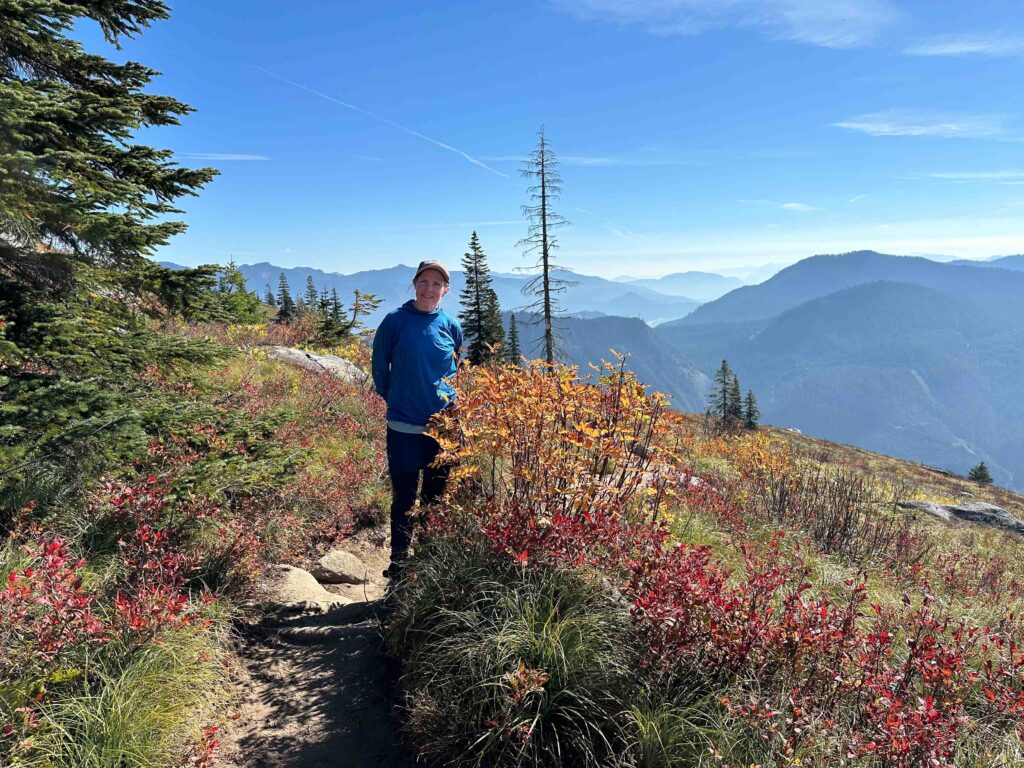 Pausing on the Granite Mountain trail for a photo opp with the smoky Cascade mountains and beautiful fall foliage. I scheduled this Tuesday hike back in February.