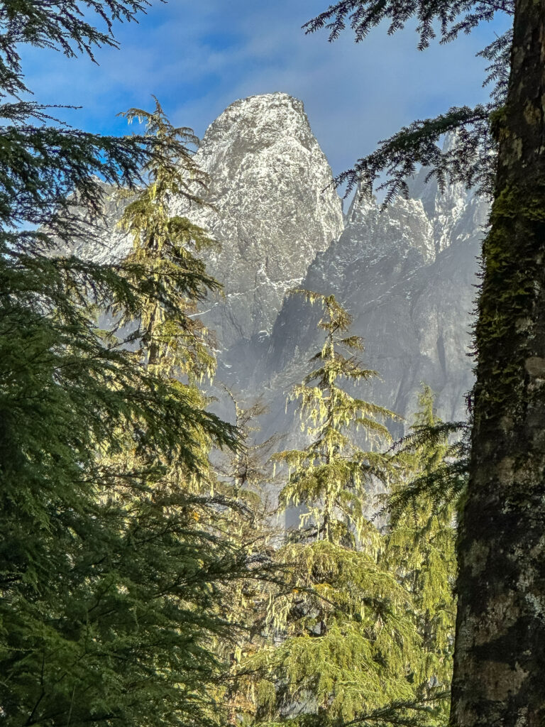 A dusting of snow sparkles as the sun hits the ledges.