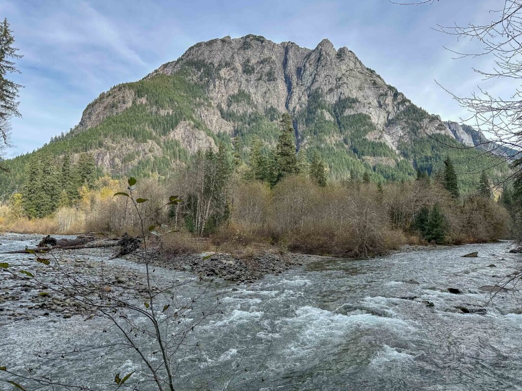 Rivers rage at the Middle Fork of the Snoqualmie. Mt. Garfield in the background.