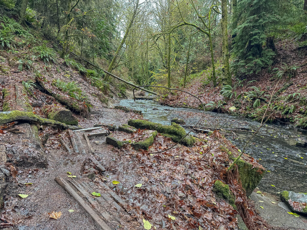 As streams around the region overflow their banks, be careful with footing. Rapid flow causes greater erosion and slick surfaces more prone to give way.