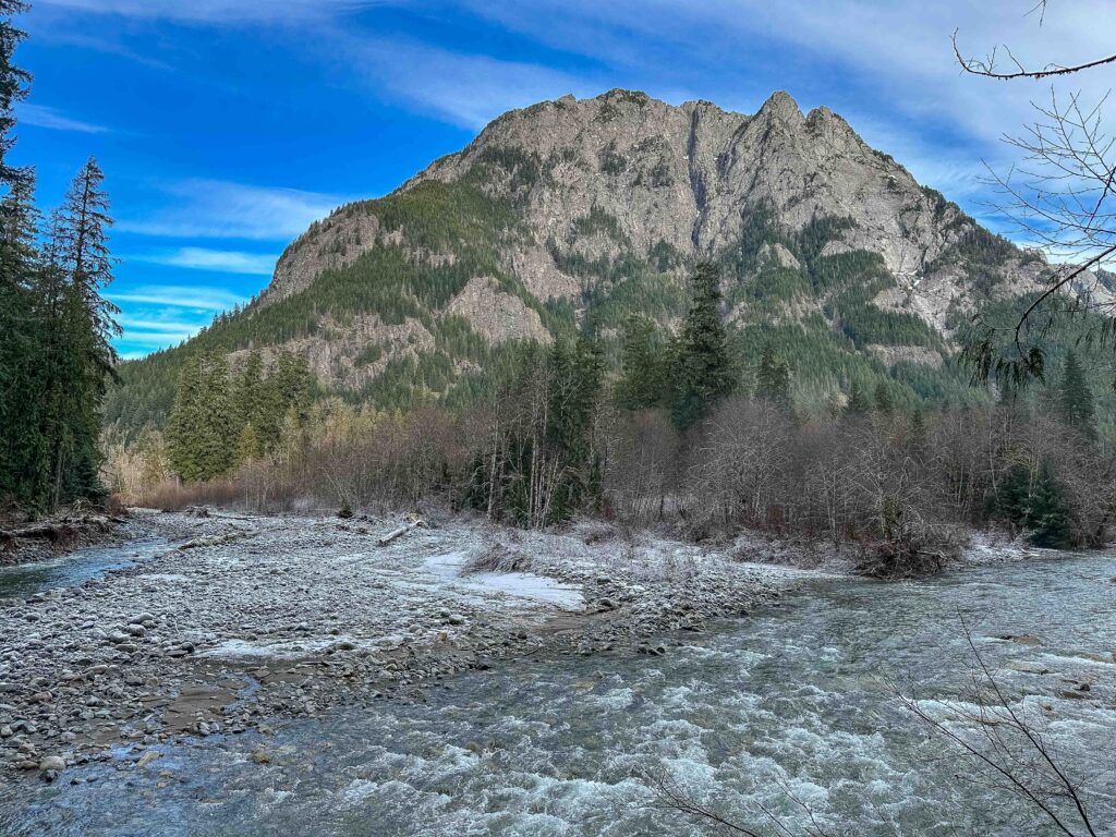 The frost-kissed Middle Fork of the Snoqualmie on January 20, left across the bridge rather than right.