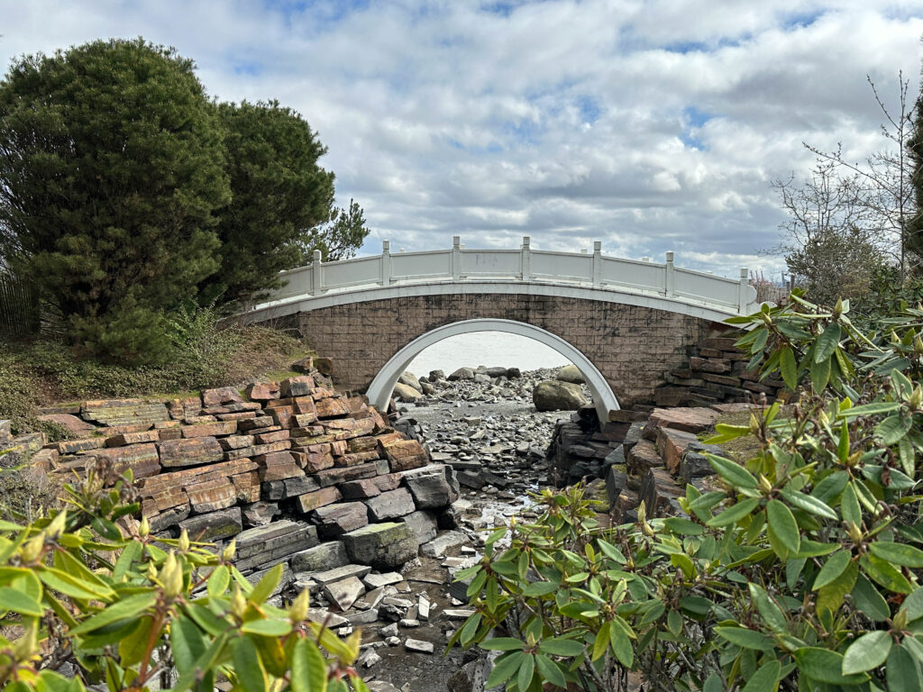 A bridge near Commencement Bay, inside the Tacoma Chinese Reconciliation Park.