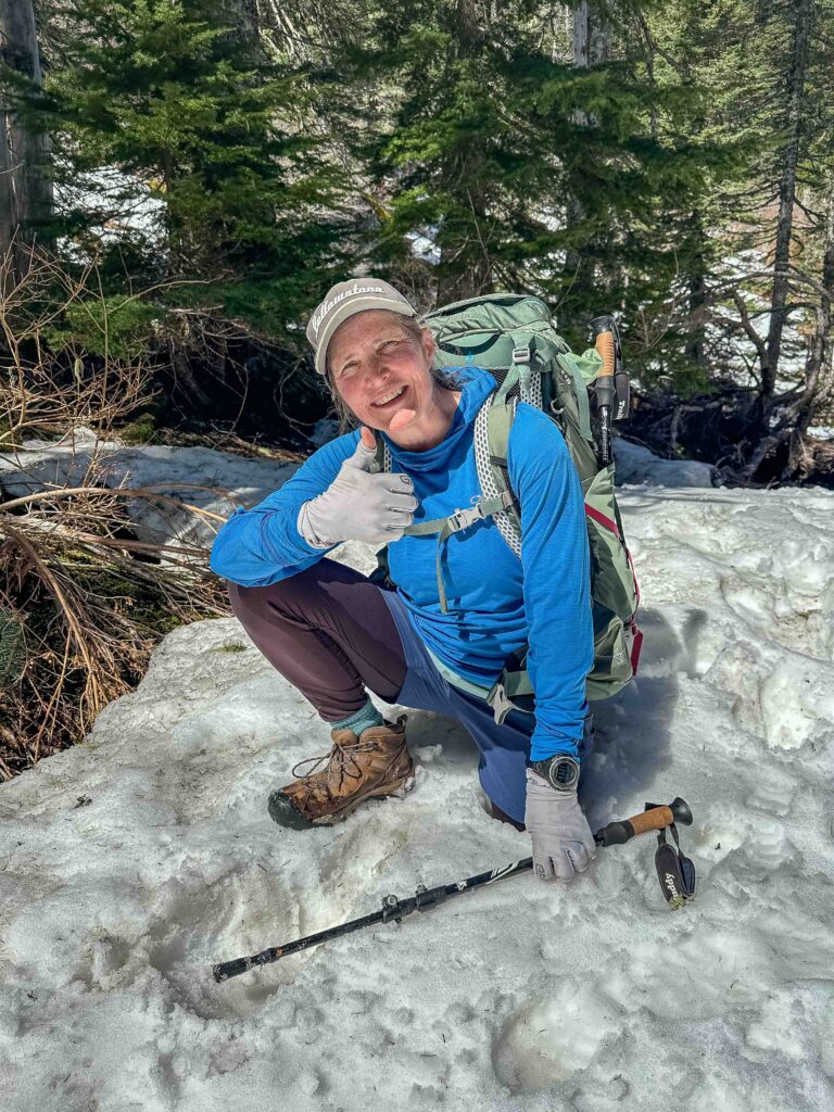 Another moment of humor: postholing up to my crotch in melting snow at Pratt Lake. In the past, I might have cursed the conditions, but we all agreed the obstacles made the outing much more memorable and fun. Obstacles, fun? Sure, why not?