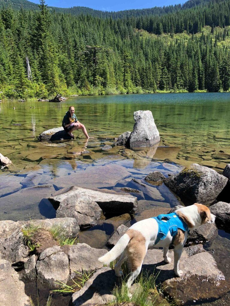 My daughter and Ajax at the shores of Granite Lakes (2024) where I stood and waded two days ago.